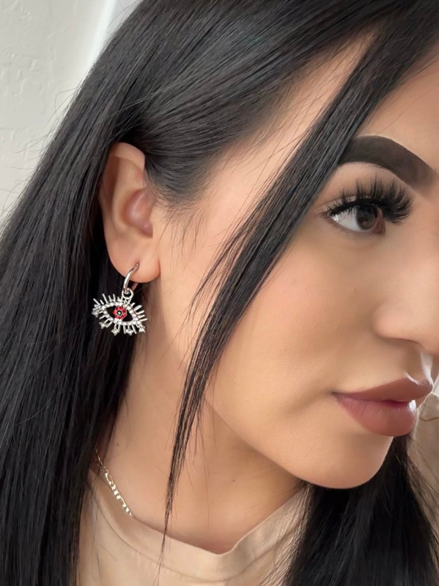 Evil Eye Hoop Earrings - Silver Red Eye