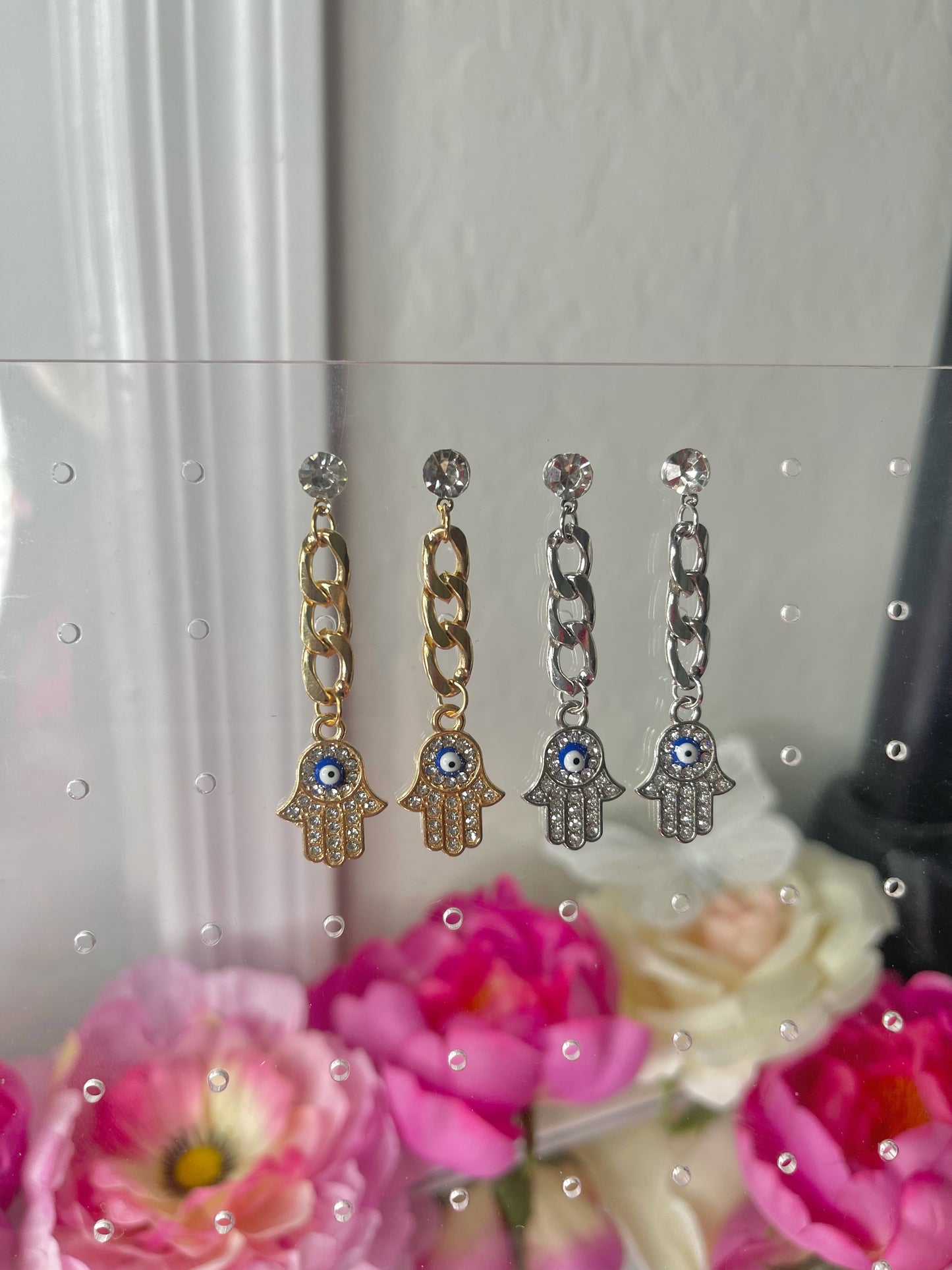 Hamsa Cuban Chain Earrings - Silver